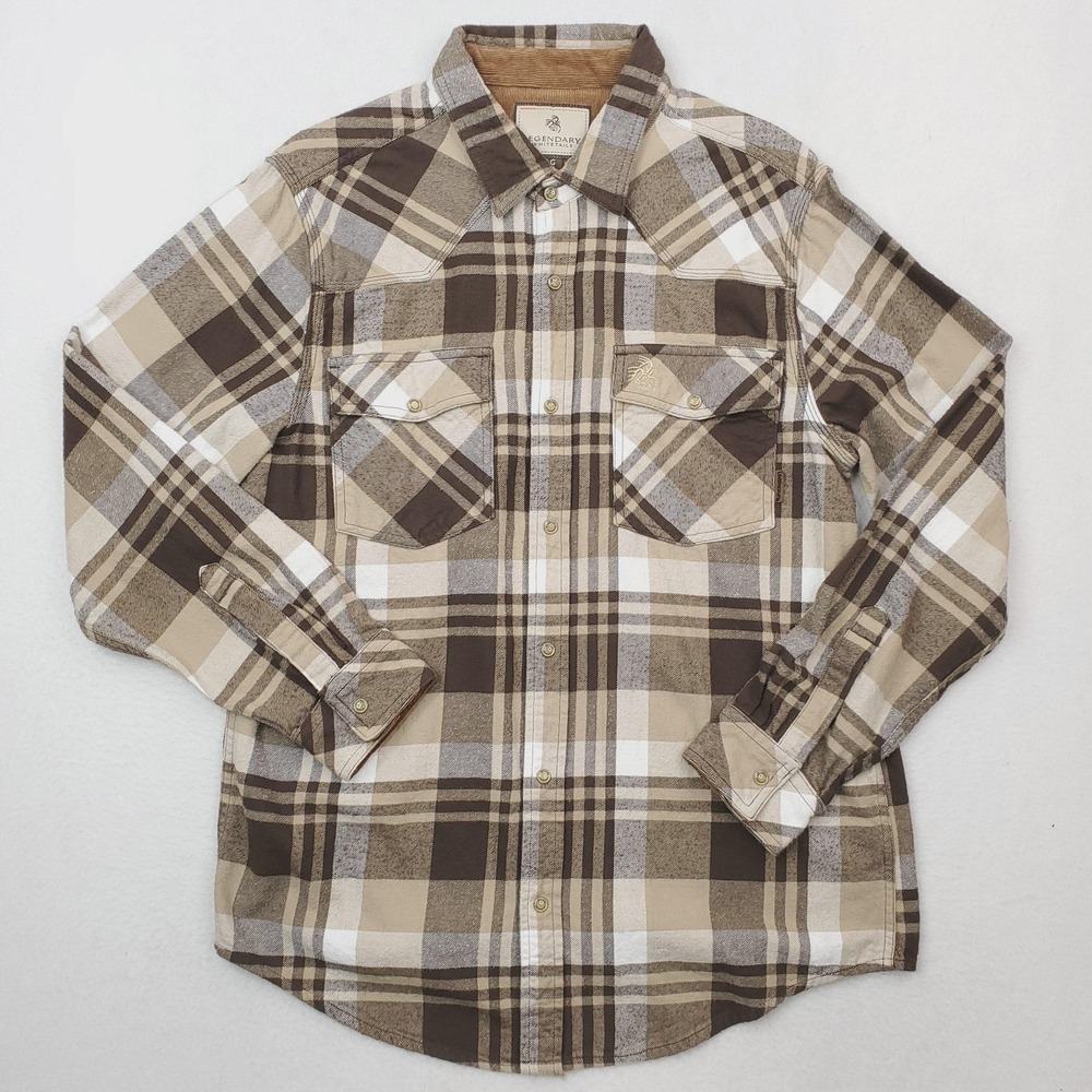 Legendary Whitetails Shirt Mens L Brown Plaid Flannel Western Pearl Snap Hunting